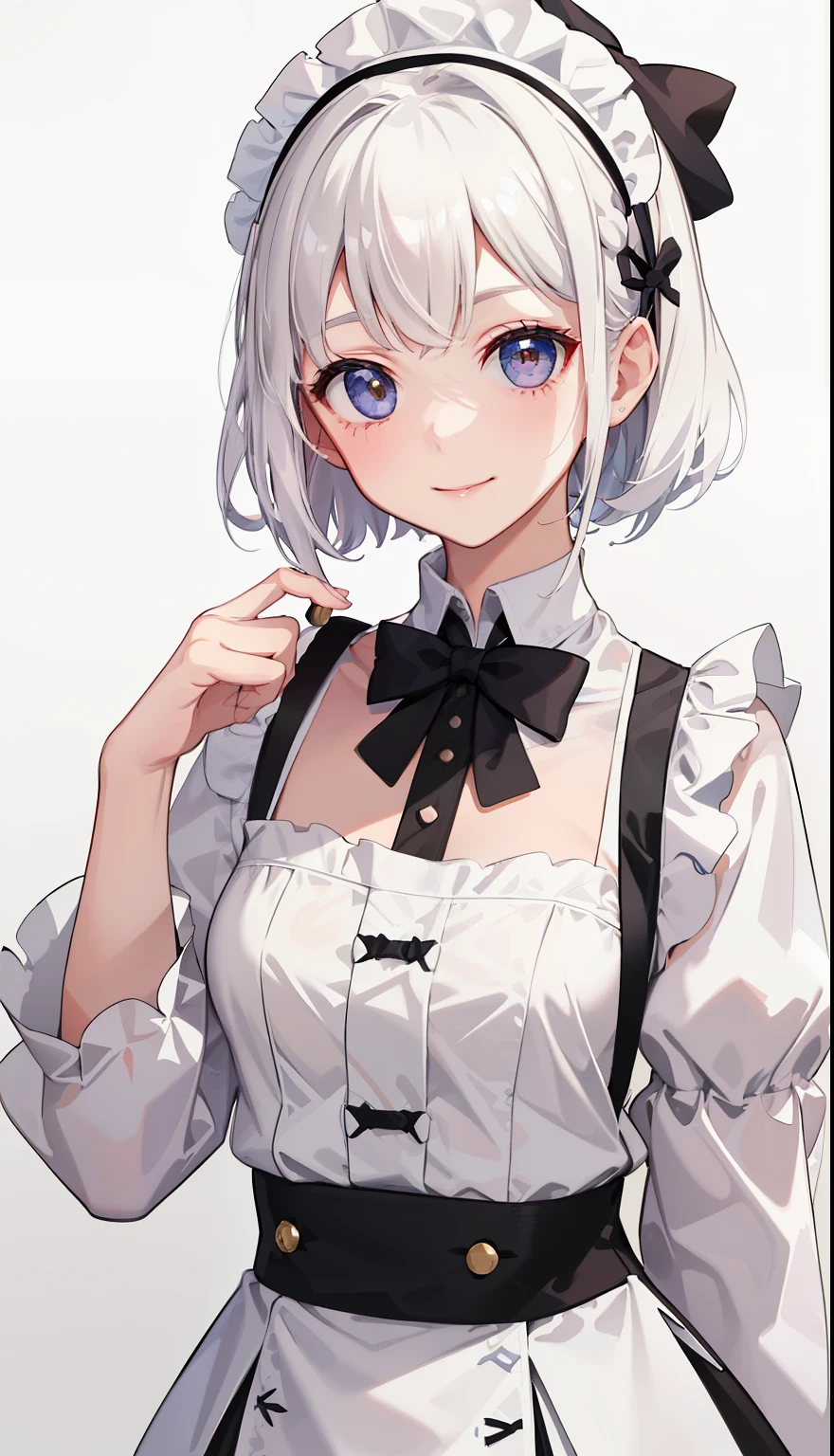 1girl in、A smile、The shirt、skirt by the、pinafore、hair adornments、Maid costume、White hair、(small tits)Chilarism、summer clothing、校服、Upper body portrait、