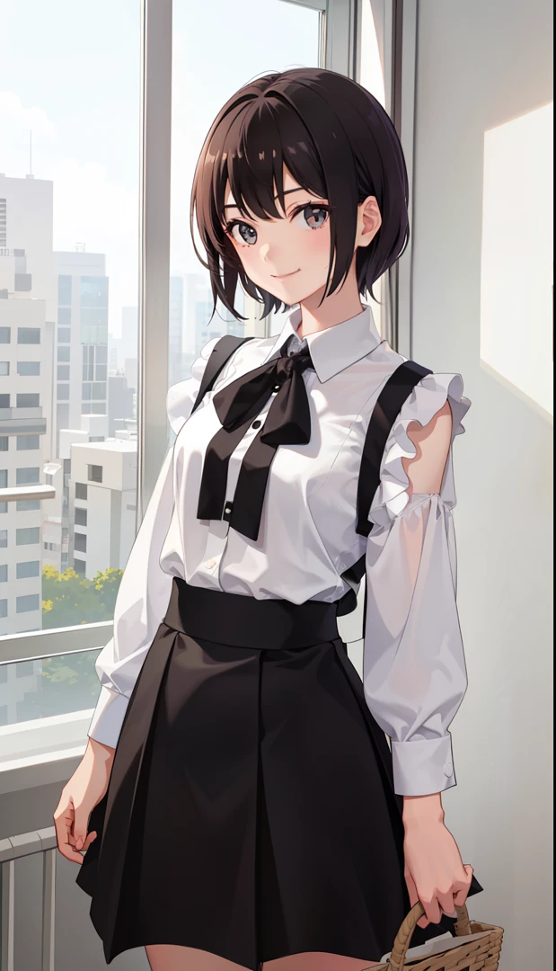 1girl in、A smile、The shirt、skirt by the、（small tits）、Upper body portrait、
