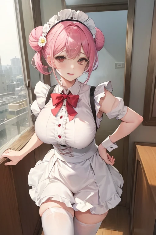 tmasterpiece、Need、1 female student、White cloth bun bun bun、Shoulder leakage、The chest is large、chubbiness、ssmile、Black suspender tights、lace leggings、pale pink lip、posing at school,(drenched all over the body),legs are open, 独奏, White polo shirt, looking at viewert, (Thigh thick:1.0),Yazawa Nico,red eyes, face flushed,Blunt hair,both hands on hip,greet,Flower headdress,Nurse's uniform
