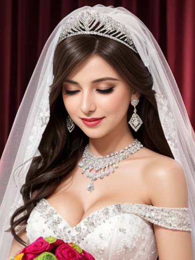 Lebanese lady, earrings, necklace, bracelets, diamonds, 40 years old, strapless wedding dress, tiara and veil, bouquet, western style wedding, bright colors, smokey eyes, red lips, glossy lips, cleavages, small chest, doll lashes, blushing, happy, eyeshadow, smiling, face covered with veil, looking down, shy, eyes closed