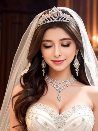 Lebanese lady, earrings, necklace, bracelets, diamonds, 40 years old, strapless wedding dress, tiara and veil, bouquet, western style wedding, bright colors, smokey eyes, red lips, glossy lips, cleavages, small chest, doll lashes, blushing, happy, eyeshadow, smiling, face covered with veil, looking down, shy, eyes closed