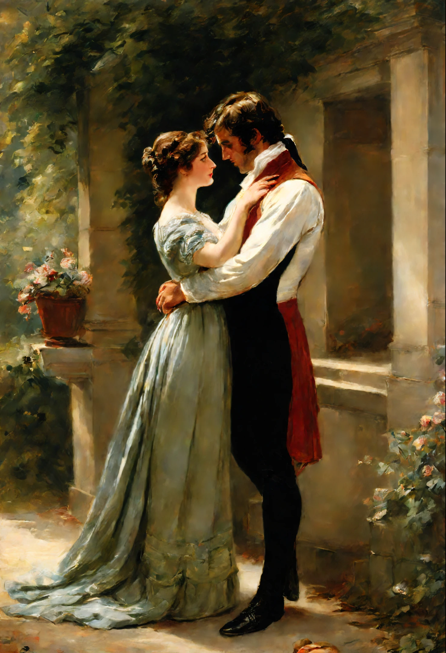 The lovers Mr Darcy and Miss Bennett from Jane Austens of pride and prejudice, painting by Adolphe Menzel