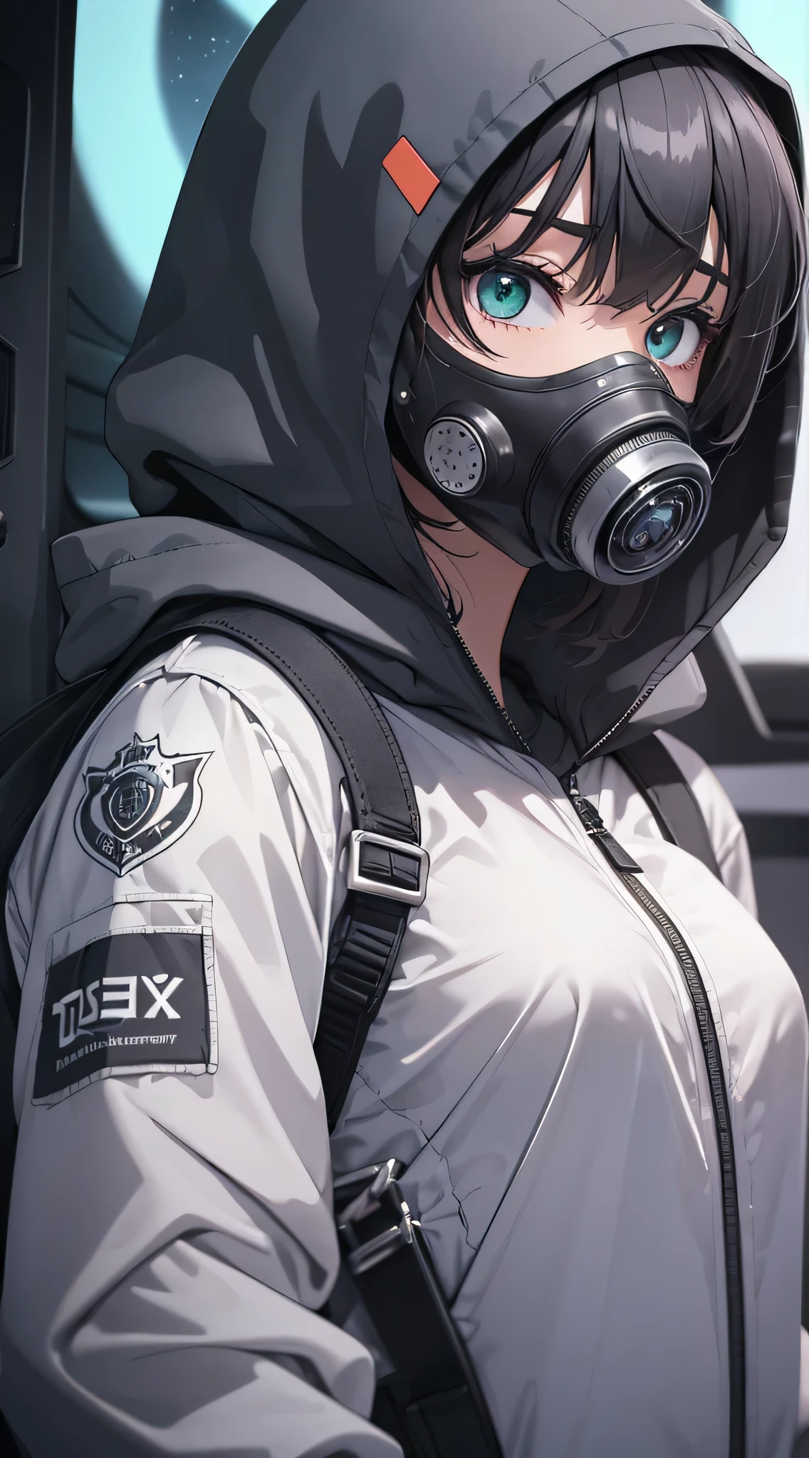 top-quality、Top image quality、masterpiece、charicature((black full face mask,Black spacesuit、gas masks、Hold an assault rifle、well-muscled、Green glowing body line、terror)),hiquality、Beautiful Art、Background with((Inside the spacecraft、dark ilumination、Dark smoke、broken cable))、masutepiece、Elaborate design、visualart、Perfect Art、Horror movie style