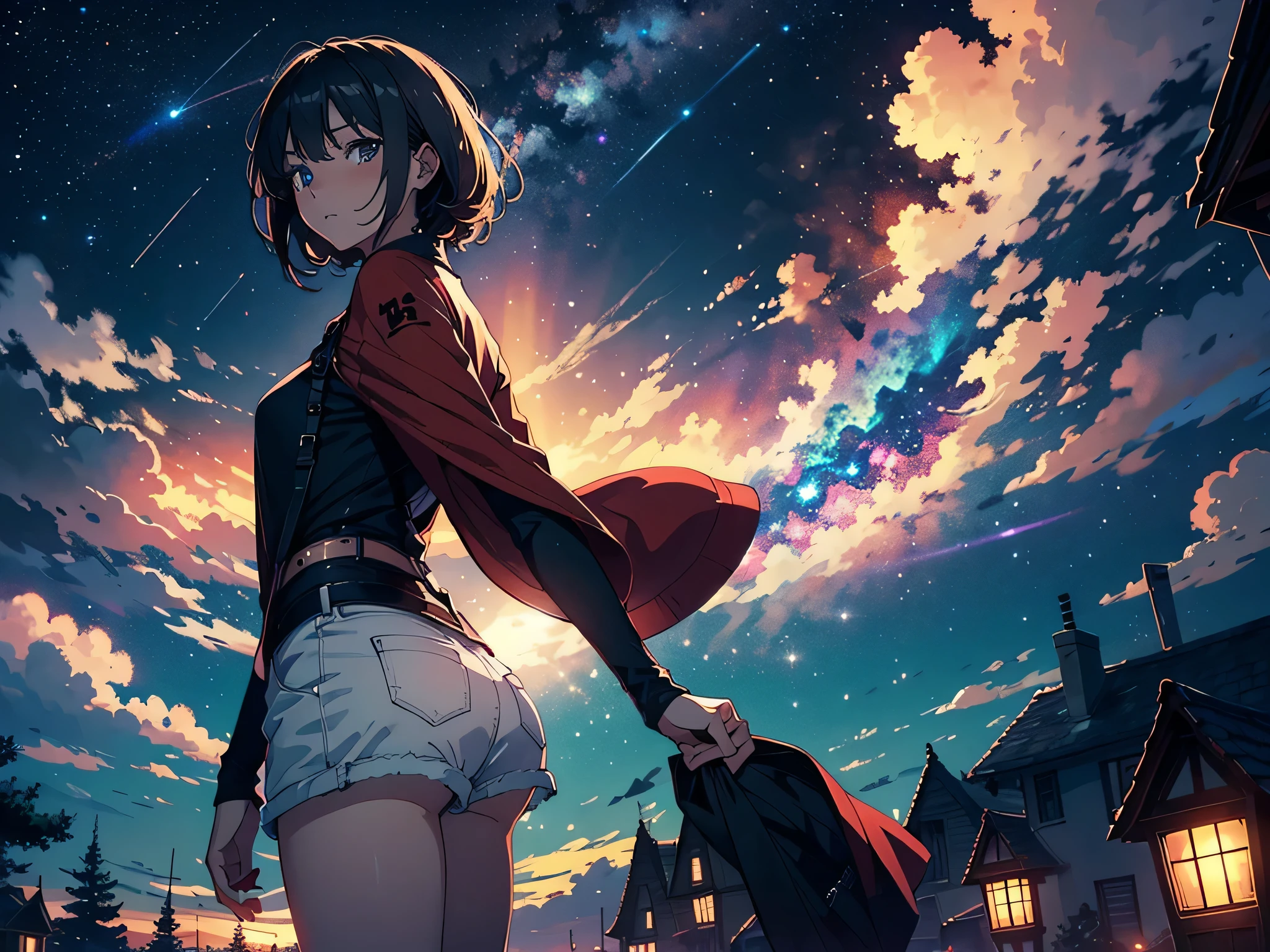 tmasterpiece, 4K, Anime girl looking at the sky, midnatta sky, so many stars in the sky, beautiful sky, beuaty girl, natta, Beautiful world, Dark, black hair color hair, Windy weather, great photo