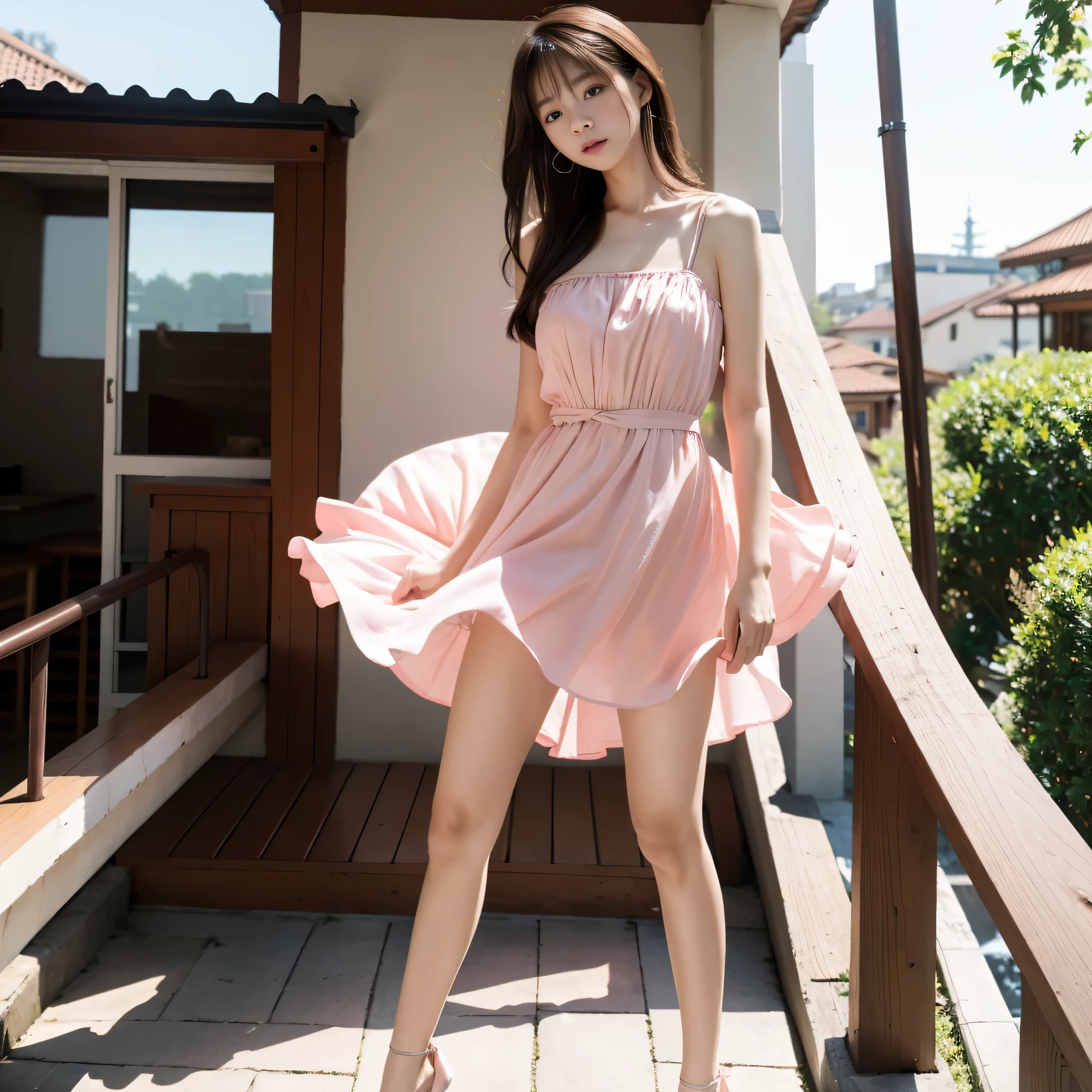 (top-quality、8K、32K、​masterpiece、nffsw:1.2) ,wearing a dress on the balcony, opened dress, waist high, photo of slim girl model, thin waist, 奈良美智, loli in dress, waist - shot, Young Pretty Gravure Idol, translucent  dress, sophisticated gravure idol, {{Wearing a pink dress}},(wind lift:1.6)、full body Esbian、the wind、城市、outside of house