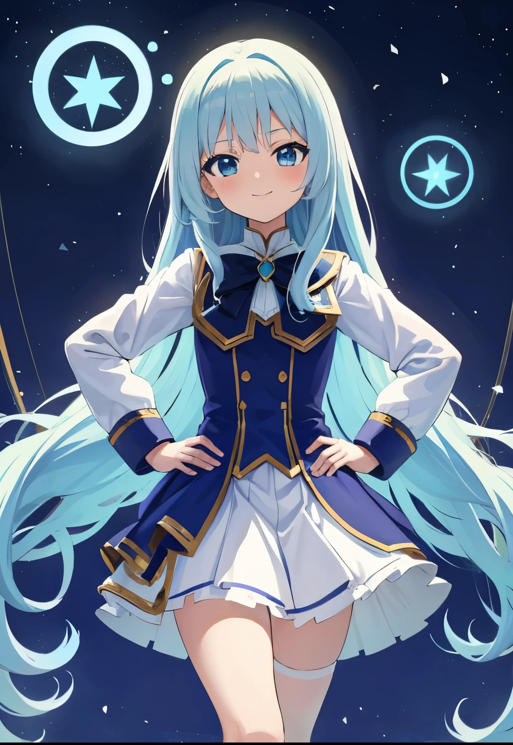 Winters.girl with.light Blue hair.long hair.Magical girl costume.a high school studen circles.short stature.a smile.Look at viewers.put hands on the hip
