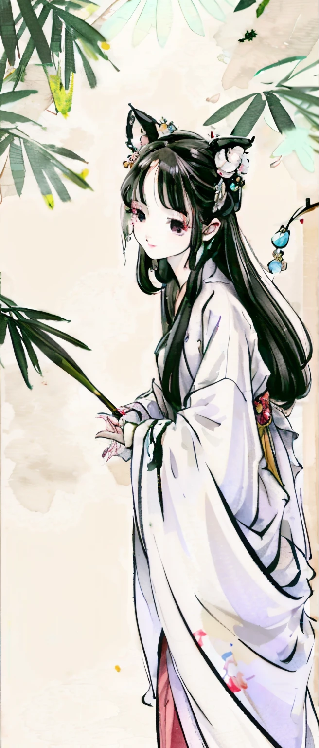 ((4K, masterpiece, best quality)), shuimobysim, Chinese painting, lotus, hanfu, maxiskit, dressed conservative 1 girl, solo, white hair, fox ears, white, looking at the audience, wavy curls