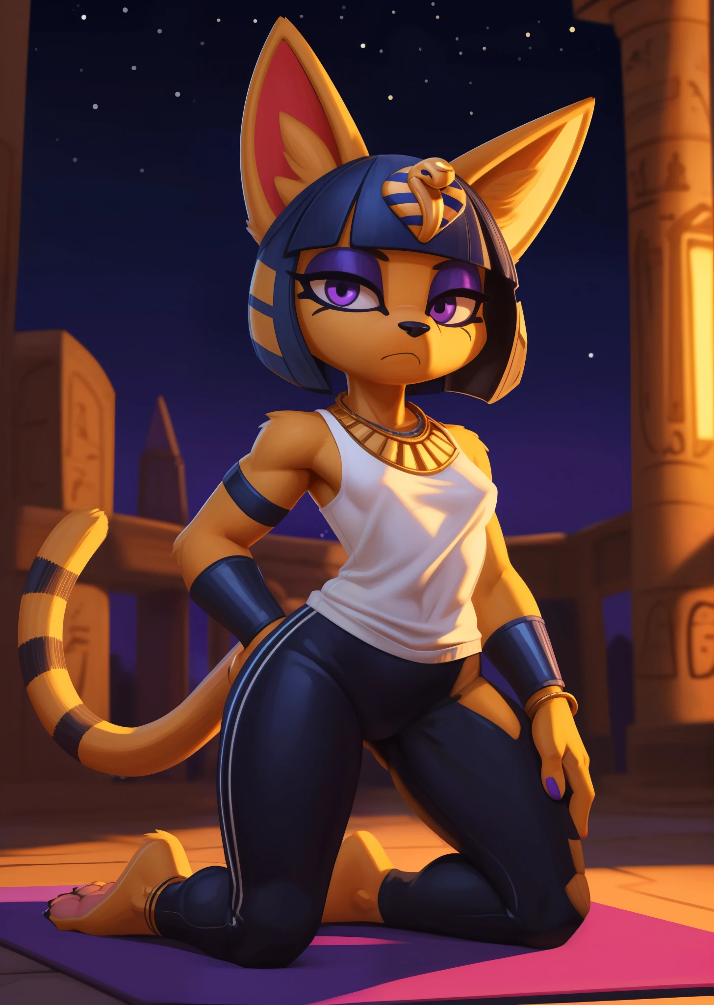 [ankha], [Animal Crossing], [Uploaded to e621.net; (Pixelsketcher), (wamudraws)], ((masterpiece)), ((HD)), ((highres)), ((solo portrait)), ((full body)), ((front view)), ((feet visible)), ((furry; anthro)), ((detailed fur)), ((detailed shading)), ((beautiful render art)), ((cinematic lighting)), {anthro cat; (slim figure), yellow fur, black nose, (cute purple eyes), (indigo eyeshadow), (egyptian eye makeup), cat ears, long cat tail, (curvy hips), (beautiful legs), (beautiful feet), (frown)}, {(white tank top), (colorful necklace), (black yoga pants), (detailed snake headwear), (blue bracers), (gold anklets)}, {(kneeling), (looking at viewer)}, [background; (sandstone walls), (living room), (window), (starry sky), (ambient lighting)]