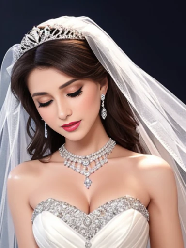 Lebanese lady, earrings, necklace, bracelets, diamonds, 40 years old, strapless wedding dress, tiara and veil, bouquet, western style wedding, bright colors, smokey eyes, red lips, glossy lips, cleavages, small chest, doll lashes, blushing, happy, eyeshadow, face covered with veil, looking down, shy, eyes closed