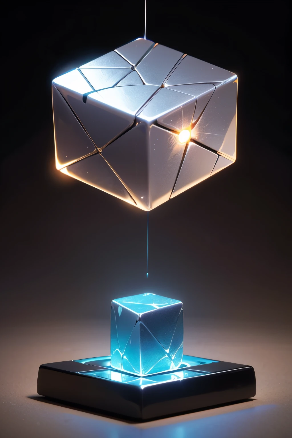 ((Best quality at best)), ((tmasterpiece)), (detailed),(glossy,metallic,shiny,reflective:1.2),titanium cubes,small grooves on the surface,subtle orange glow emanating from the grooves,high-tech background,levitating on a laboratory table,one metallic cube being activated and undergoing transformation,next to it, a completed and transformed cube