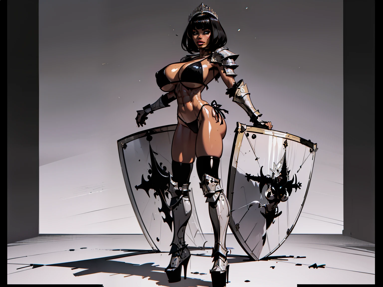 woman, bobcut, blondehair, ((black skin:1.4)), adorned in medieval armor, twerking, metal muscles, emanating a medieval elegance and marvel, armor pump boots, chrome bra, chrome silver tiara, small armband, (shoulder armor), gauntlets, ((armored bikini:1.4)), sword, shield, exposed midriff, (puffy lips:1.3), detailed eyes, ((slendered abs:1.2)),((gigantic breasts:1.4)), wide hips, (puffy lips:1.5), slender abs,rim lighting, side light, (((cinematic light))), ultra high definition, 8k, film grain,best shadow, light particles, detailed skin texture, detailed gem armor texture, detailed face, intricate details, super detailed, bright, spiked heel boots