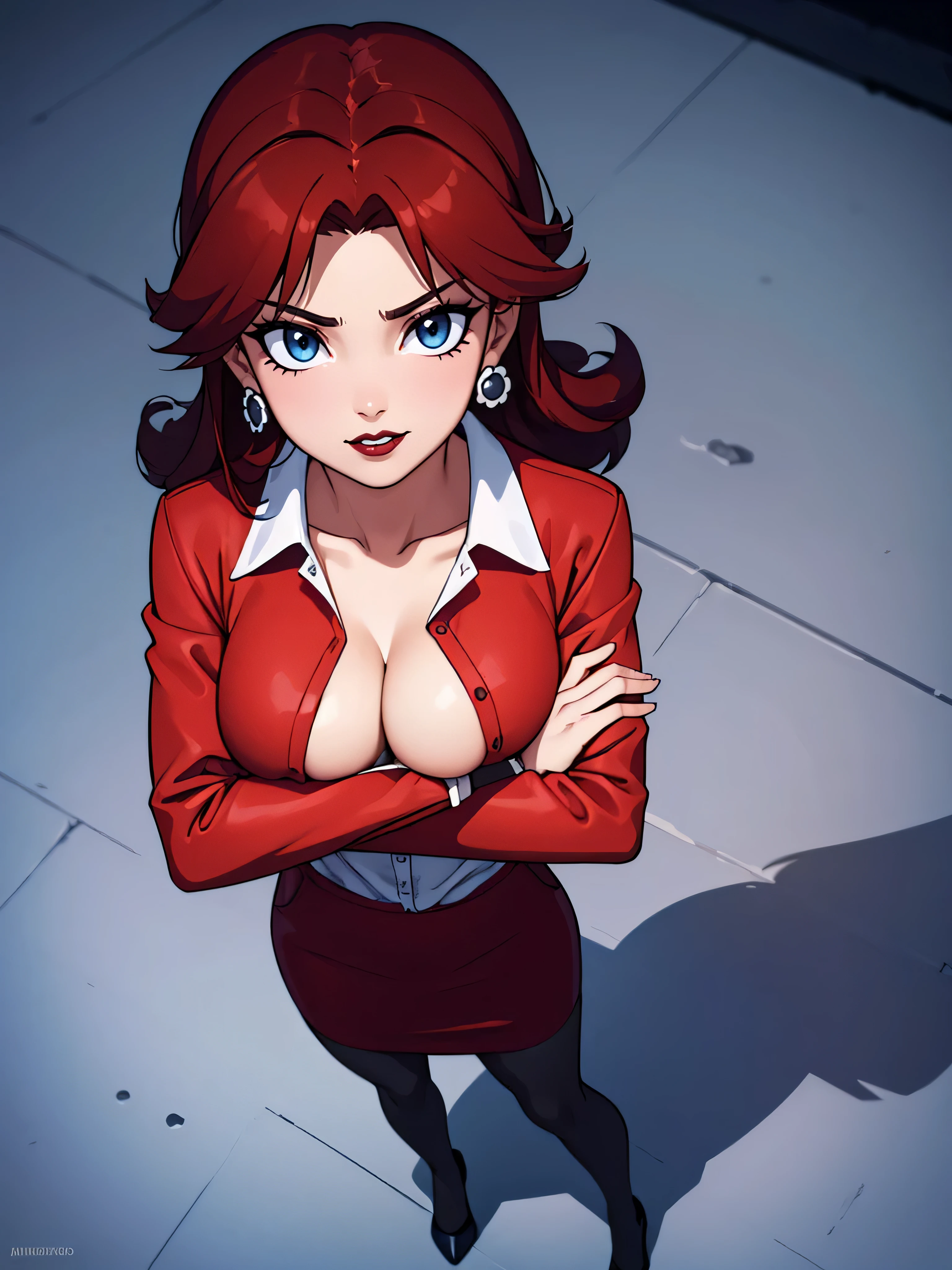 ((high detailed, best quality, 4k, masterpiece, hd:1.3)), At office, Princess Daisy, neon blue eyes, BREAK blue eyes, seductive, attractive, sexy smile, smiling, smooth anime cg art, 36C breasts, long legs, vivid colors, detailed digital art, slim body, perfect skin, dark red hair, long hair, dark hair, red hair, BREAK crown, cleavage, 36C cleavage, looking at viewer, BREAK looking at viewer, extremely detailed face, red necktie, red skirt suit, red suit, red jacket, black shirt, red pencil skirt, full body, (red high heels), earrings, gem, dark black makeup lips, dark gothic eyeshadows, dark eyeshadows, black eyeshadows, black sexy lips, black lips, (dark:1.2), dark lips, very dark lips, (perfect hands, perfect anatomy), black makeup, black medium lips, black thick lips, detailed fingers, five fingers per hand, 5 fingers, (1 girl), detailed lips, detailed black lips, black painted lips, gothic painted lips, BREAK night, (breast focus), (crossed arms:1.3), (breasts out:1.3), (from above:1.1),
