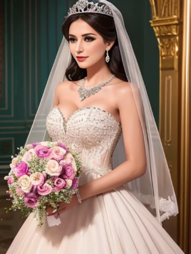 Lebanese lady, earrings, necklace, bracelets, diamonds, 40 years old, strapless wedding dress, tiara and veil, bouquet, western style wedding, bright colors, smokey eyes, red lips, glossy lips, cleavages, small chest, doll lashes, blushing, happy, eyeshadow, face covered with veil, looking down, shy, eyes closed