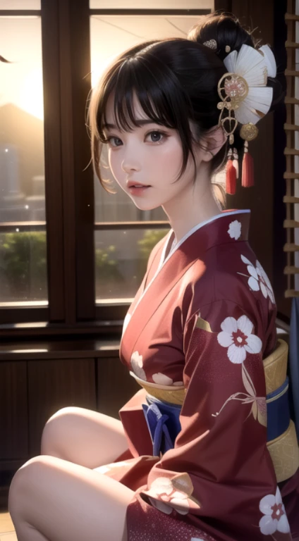 (best quality,photorealistic),solo,beautiful Japanese woman,traditional kimono,natural posture,gentle smile,impressive gaze,traditional hairstyle,tatami room at sunset,sitting by the window,illuminated by city lights,(charming pose),professional photographer,shallow depth of field,backlight