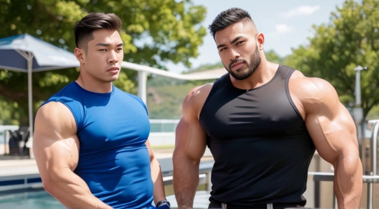 (Very detailed 8k wallpaper), two asian men, muscle worship, arms folded, On the playground, high detailing, buzzcut, very large and strong body, bulging muscles, well-muscled, very large pectoral muscles. Very sexy abs, legs are well-muscledの, Toned figure, lightens oily skin, well-muscledの, Tank top, T-shirt, longshot, Wide Shot