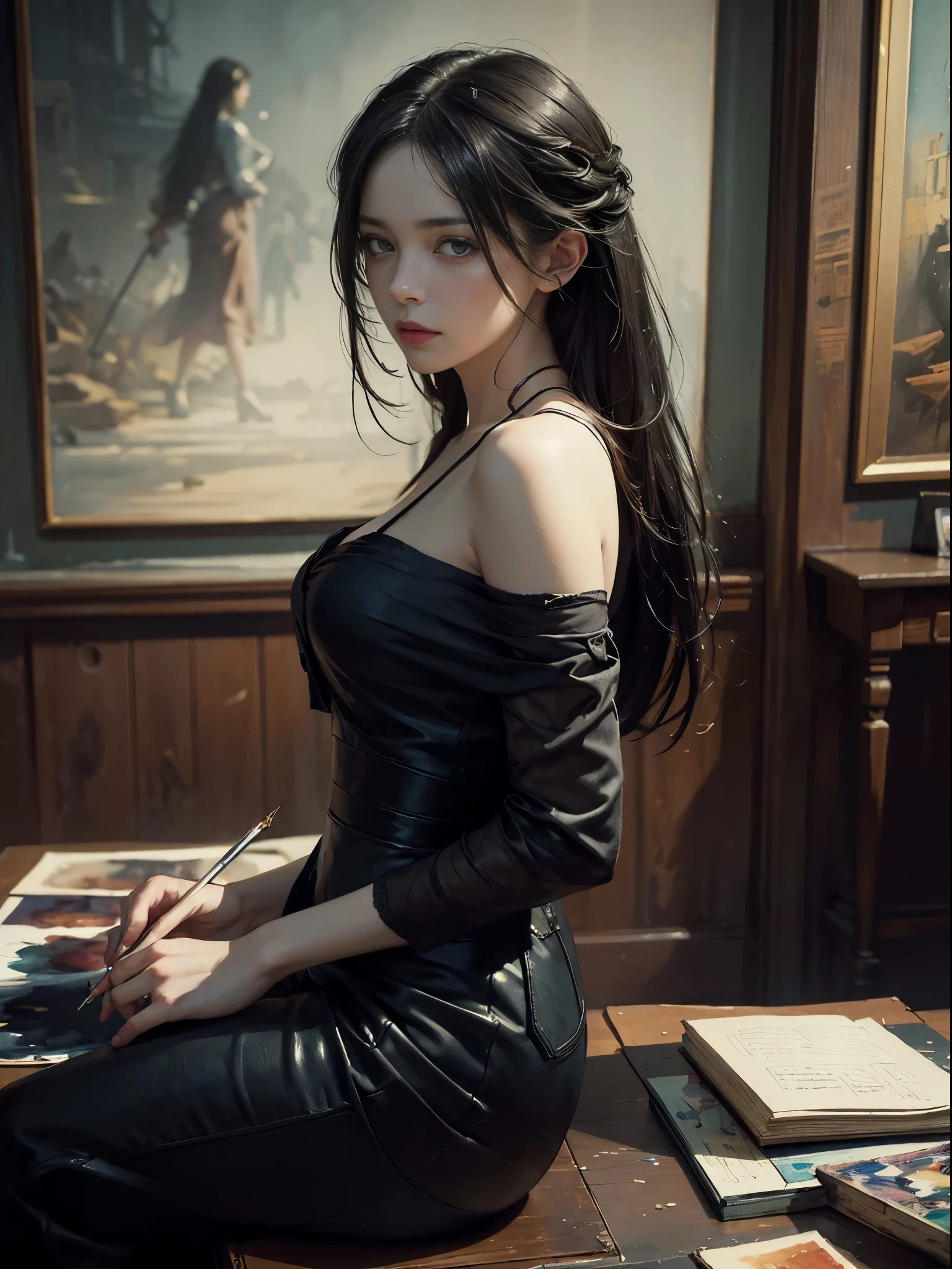 painting of a woman, with influence of Jeremy Mann, Jeremy Mann, style of Jeremy Mann, Jeremy Mann painting, Jeremy Mann art, Ron Hicks, Liepke, Jeremy Mann and alphonse mucha, Works that influenced Edmund Blampid, robert lenkiewicz, Casey Boe and James Jean, Inspired by Willem Kalf, Nick Alm, Tumbler, figurative art, Intense watercolor painting, watercolor detailed art,expressive beautiful painting, a beautiful artwork illustration, very colorful tones, Fantastical, Cool Beauty, Best Quality,Official art, Female Solo, sharp outline, a gloomy, nostalgia, Eyes without pupils, color eye, Ideal girlfriend, In search of lost time, Best Shots