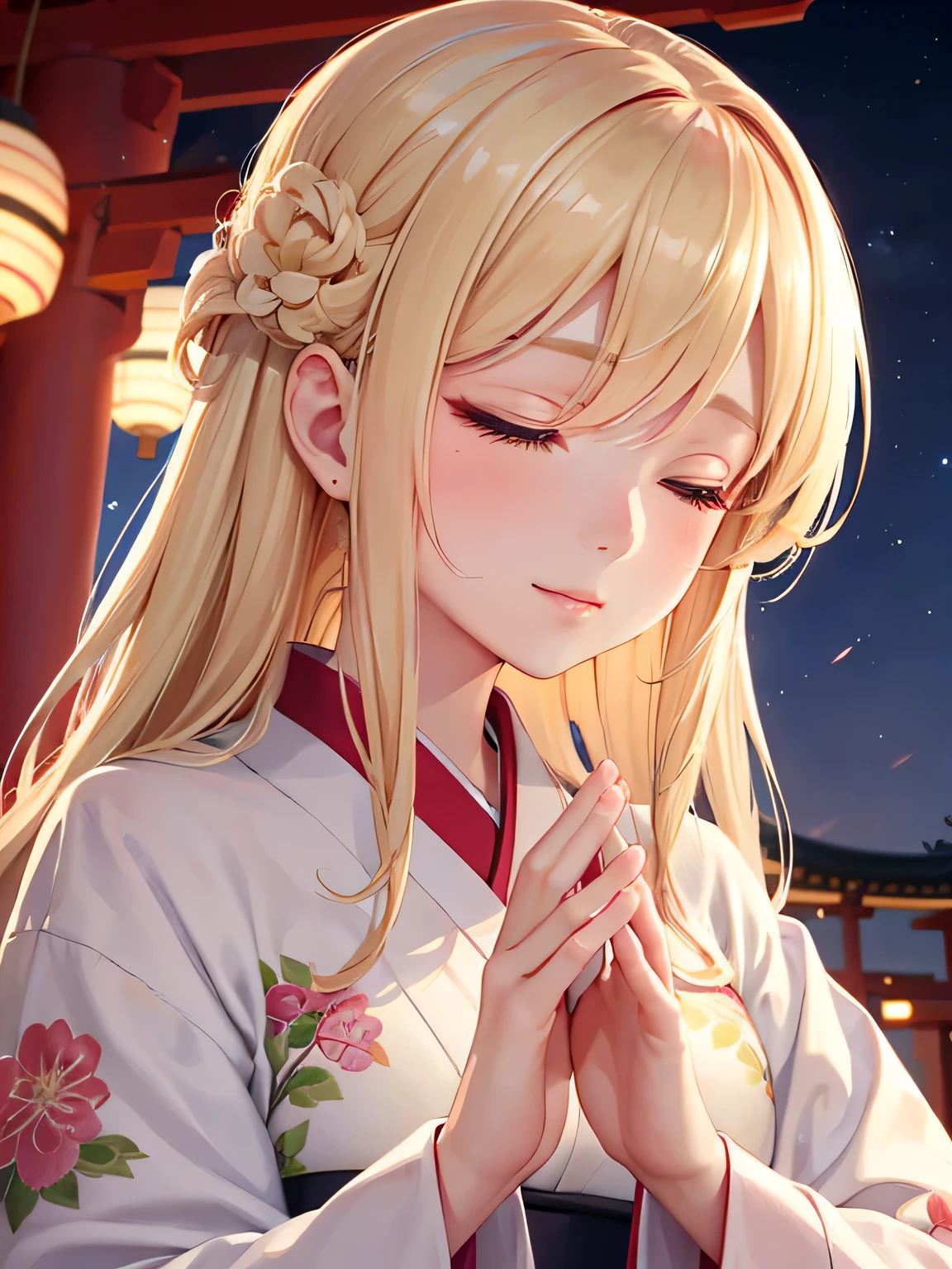 Beautiful blonde precise and detailed two side up hairstyle、Floral kimono、new years eve、absurderes、Cute young lady、独奏、Eyes closed、Keep your mouth shut、Beautiful profile with attention to detail、sideways Facing、bowing、;D、beautiful and delicate flowing hair、It combines very delicate and natural fingertips..、Delicate and detailed beautiful hands、looking downwards、Super beautiful illustration of breasts, delicate, detailed and natural beautiful fingers、to stand、Cute and beautiful, Beautiful face is very delicate and detailed、late night temple background、Midnight、Red torii gate