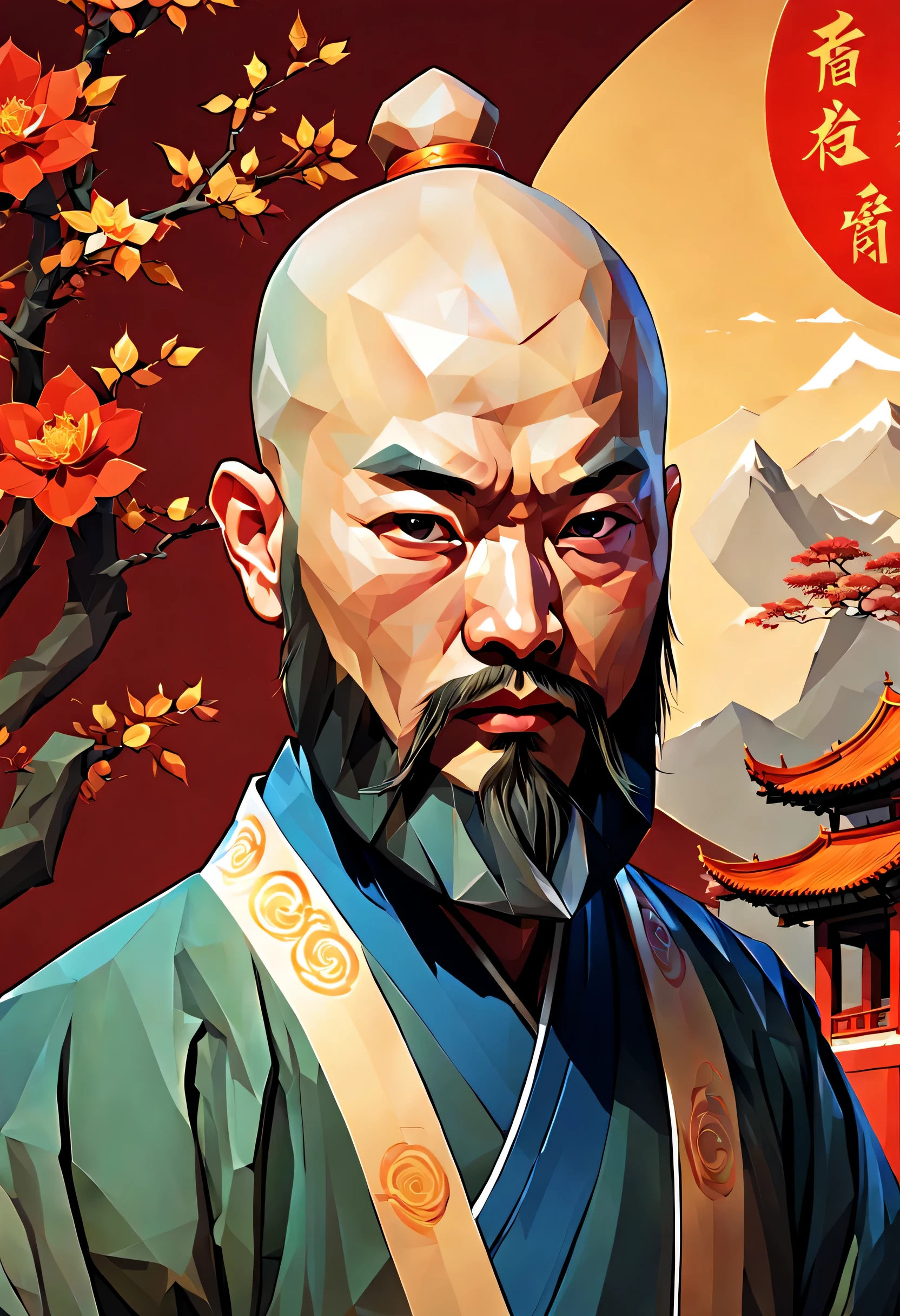 Low poly style dressing（Hanfu）bald, with a round face, Fierce Chinese bearded man, Vector art by Robert Peake, Douban, number art, At that time Martin artwork portrait, otto schmidt, At that time Martin, Philnotto and james jean, Ryan Hewitt, ( ( food mountain ) ), James Jean Andre Ryabovich, Philnotto, vector behavior hd jesper ejsing