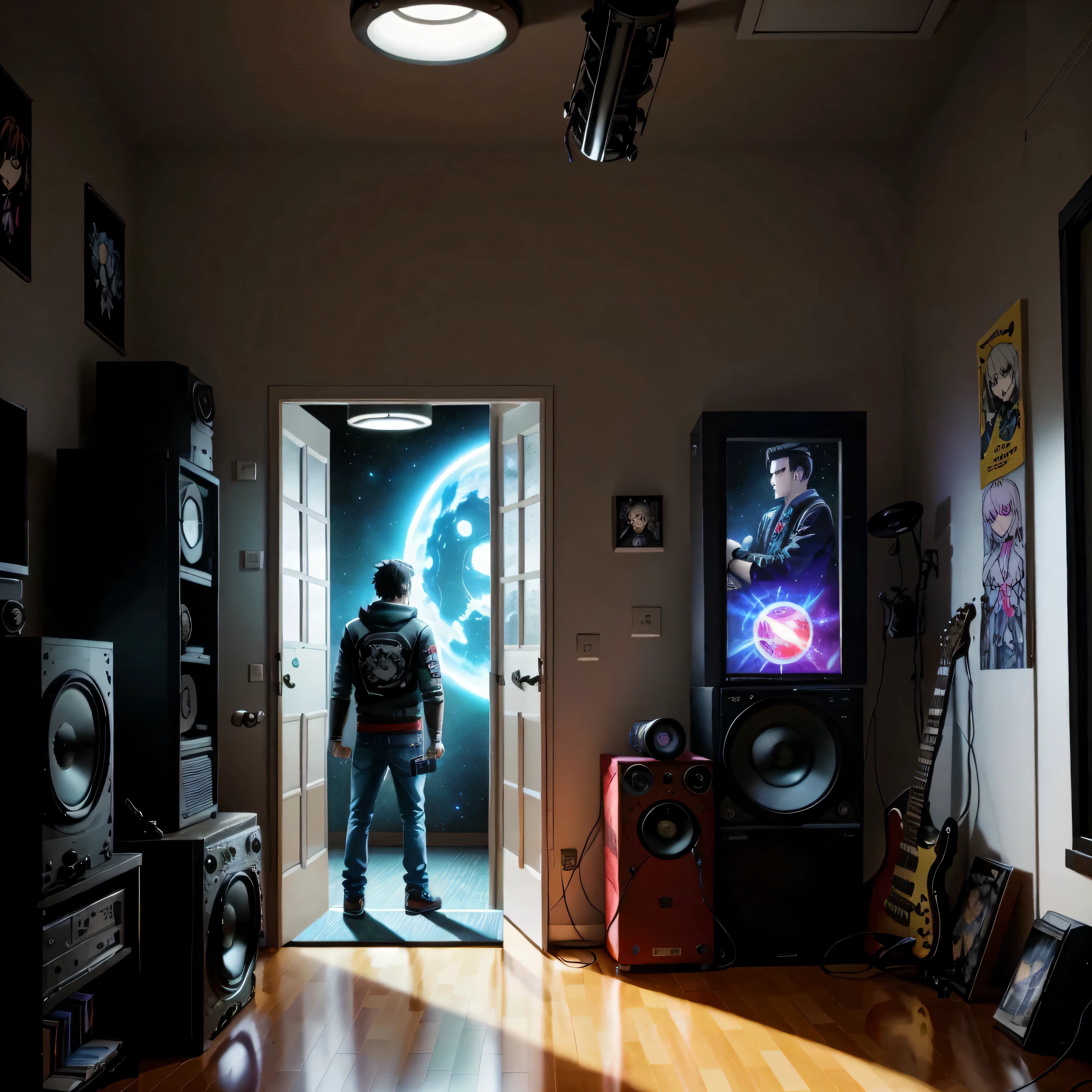 "Please generate an image in the style of anime artwork that depicts a dark room at night. The room has two windows, with one of them showing the planet Saturn. The room is messy, with an old television playing a classic anime, a vintage video game console with a character holding the controller, an old walkman with headphones around the neck, a rock poster of a fictional band, an electric guitar leaning against an old tube amplifier, a telescope pointed towards the sky, and various objects scattered on the floor, such as manga books, a plant, a school backpack with anime patches, a stack of anime soundtracks CDs, and a samurai sword propped against the wall.

In the center of the room, create a character with hair similar to Jimmy Sullivan from Avenged Sevenfold, but with a more animated and anime-style appearance. The character is wearing  Japanese-style clothing, with a leather jacket and jeans, and has a tattooed body with symbols related to different anime. The character is standing, opening the door of the room, and the camera angle is rear view, positioned in the upper corner, capturing the entire room from top to bottom.

The door is half-open, and in the space where it is open, create a psychedelic portal in the style of Dan Mumford and Alex Grey's artwork, but with integrated anime elements, such as chibi-style characters flying through the portal."