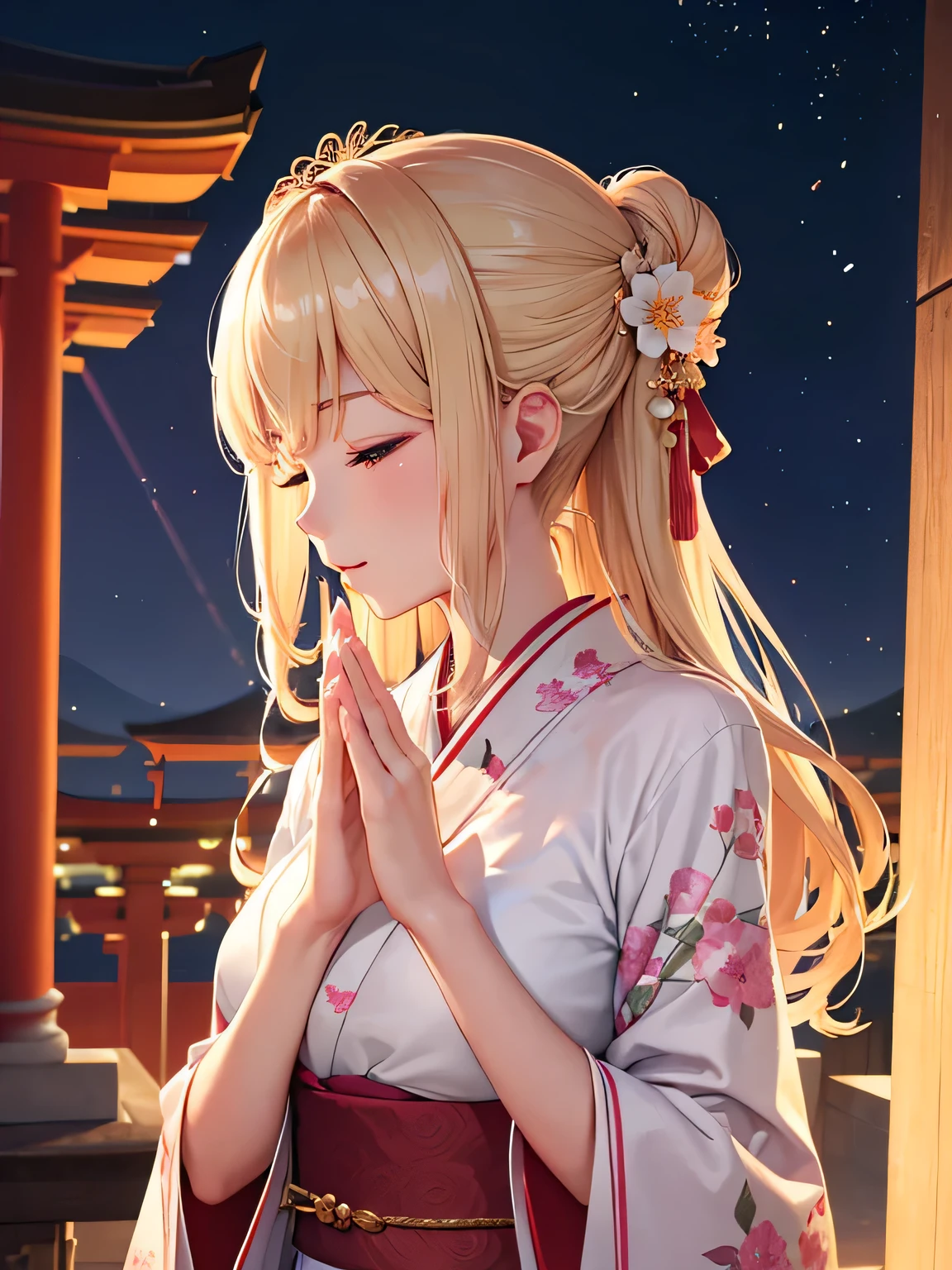 Beautiful blonde precise and detailed two side up hairstyle、Floral kimono、new years eve、absurderes、Cute young lady、独奏、Eyes closed、Keep your mouth shut、Beautiful profile with attention to detail、sideways Facing、bowing、;D、beautiful and delicate flowing hair、It combines very delicate and natural fingertips..、Delicate and detailed beautiful hands、looking downwards、Super beautiful illustration of breasts, delicate, detailed and natural beautiful fingers、to stand、Cute and beautiful, Beautiful face is very delicate and detailed、late night temple background、Midnight、Red torii gate