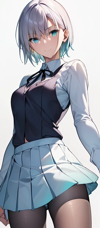 toru asakura, [[white short hair girl]], (short hair:1.3), bangs, gradient hair, multicolored hair, (white hair:1.5), light blue hair,(cyan eyes:1.5), ((small breast:1.2), (small-sized buttocks:1.3), (slender legs:1.2), 25 year old female, lively girl, cheerful girl, {{beautiful}}, amazing, (best quality:1.5), (masterpiece:1.5), extremely delicate and beautiful, intricate details, finely detailed, extremely detailed, beautifully detailed, ultra-detailed, (hyperdetailed:1.5), high resolution, (illustration), watercolor pencil, Clear line drawing, (ufotable style:1.1), (ufotable screen cap:1.1), anime coloring, anime screencap, (latest picture), backlighting, dynamic angle, glow, depth of field, {{body satisfaction}}, (body with a good balance of style:1.5), (slender figure:1.5), perfect body, perfect hands, perfect feet, (two arms:1.2), (two legs:1.2), (five fingers each:1.2), (perfect joint:1.2), perfect joint movement, beautiful detailed eyes, (detailed eyes:1.5), finely detailed eyes, perfect anatomy, full dissection, perfect composition, correct limbs, balance and coordination in all things, realistic:0.5, precise fingers and hands, (finely drawn hair:1.5), (flowing hair:1.3), BREAK [[white collared shirt]], (white collared shirt:1.5), white shirt, breast tent, (long sleeves:1.2), (cyan pleated miniskirt:1.5), (black pantyhose:1.3), (black neck ribbon:1.3), [[White background]], (white background:1.5), (simple background:1.5), [[enjoyment]], (smile:1.3), [[standing]], (standing:1.3), (whole body:1.3),