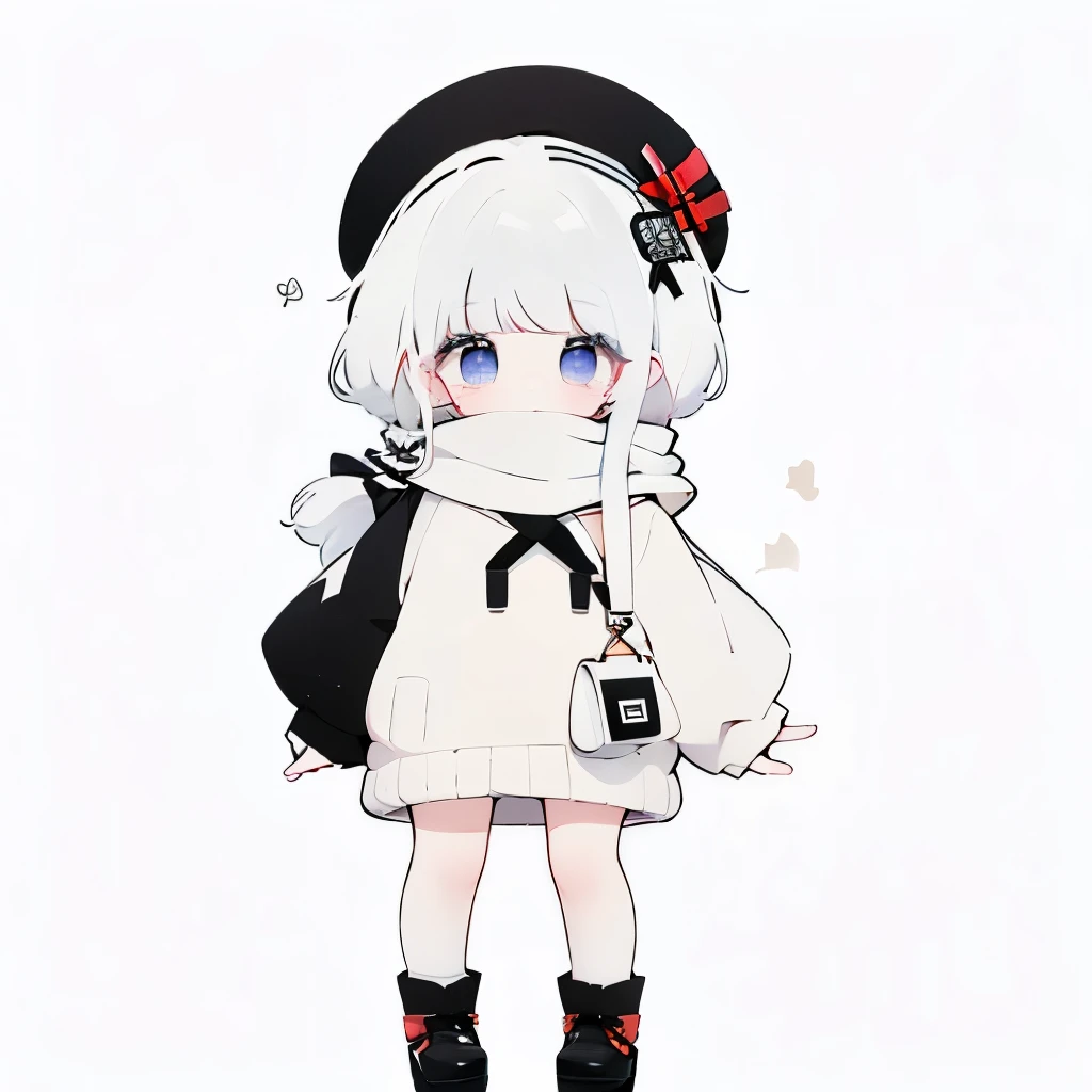 white  hair、Viola、White knitwear、Black beret、girl with、Medium Hair、full body,