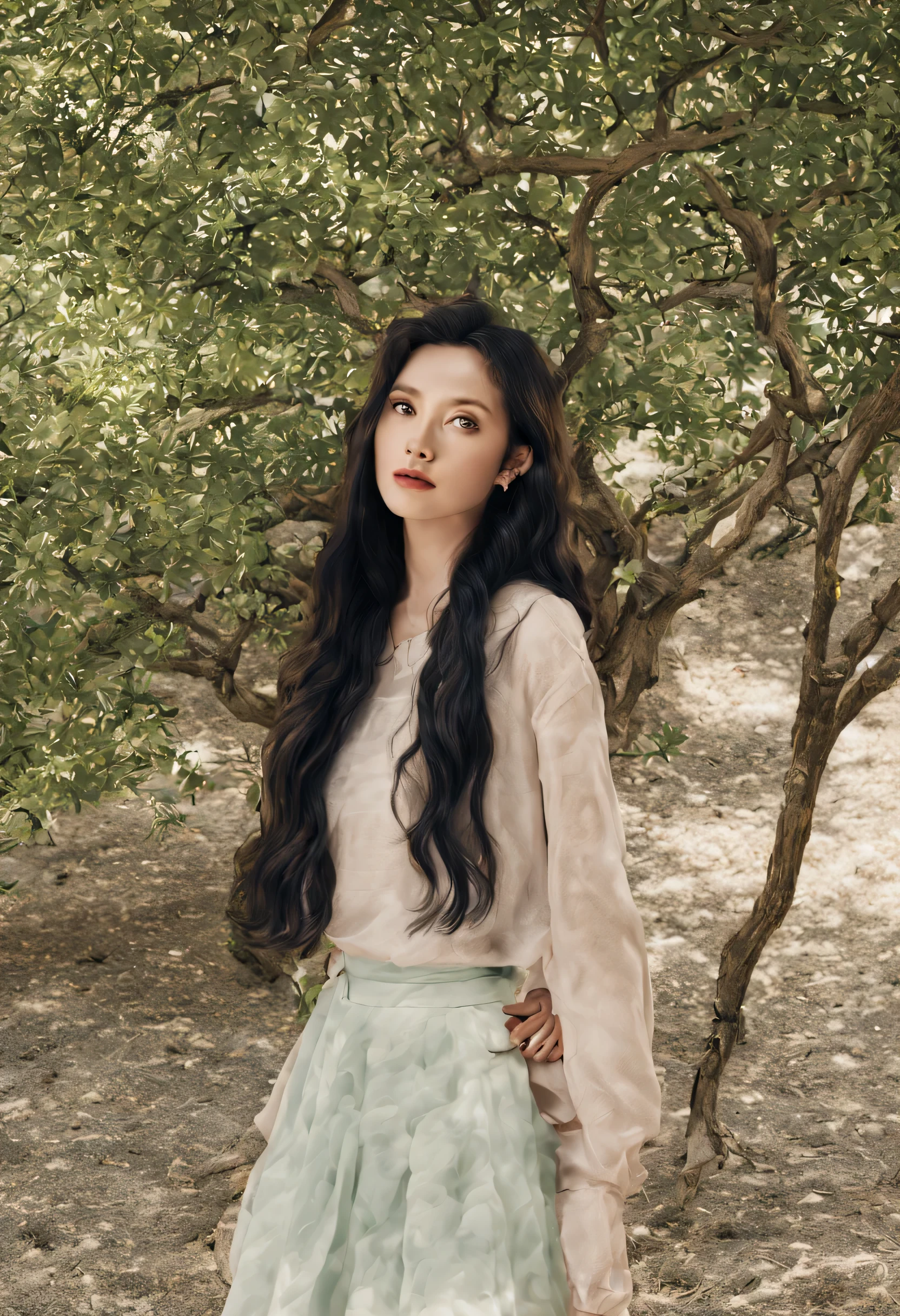 a woman with long hair standing in front of a tree, wavy hair, vintage vibe, fair skin, black eyes, photorealistic,