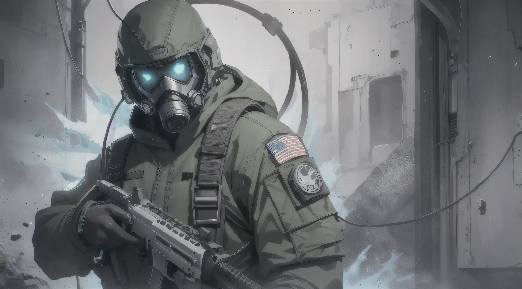 top-quality、Top image quality、masterpiece、charicature((black full face mask,Black spacesuit、gas masks、Hold an assault rifle、well-muscled、Green glowing body line、terror)),hiquality、Beautiful Art、Background with((Inside the spacecraft、dark ilumination、Dark smoke、broken cable))、masutepiece、Elaborate design、visualart、Perfect Art、Horror movie style