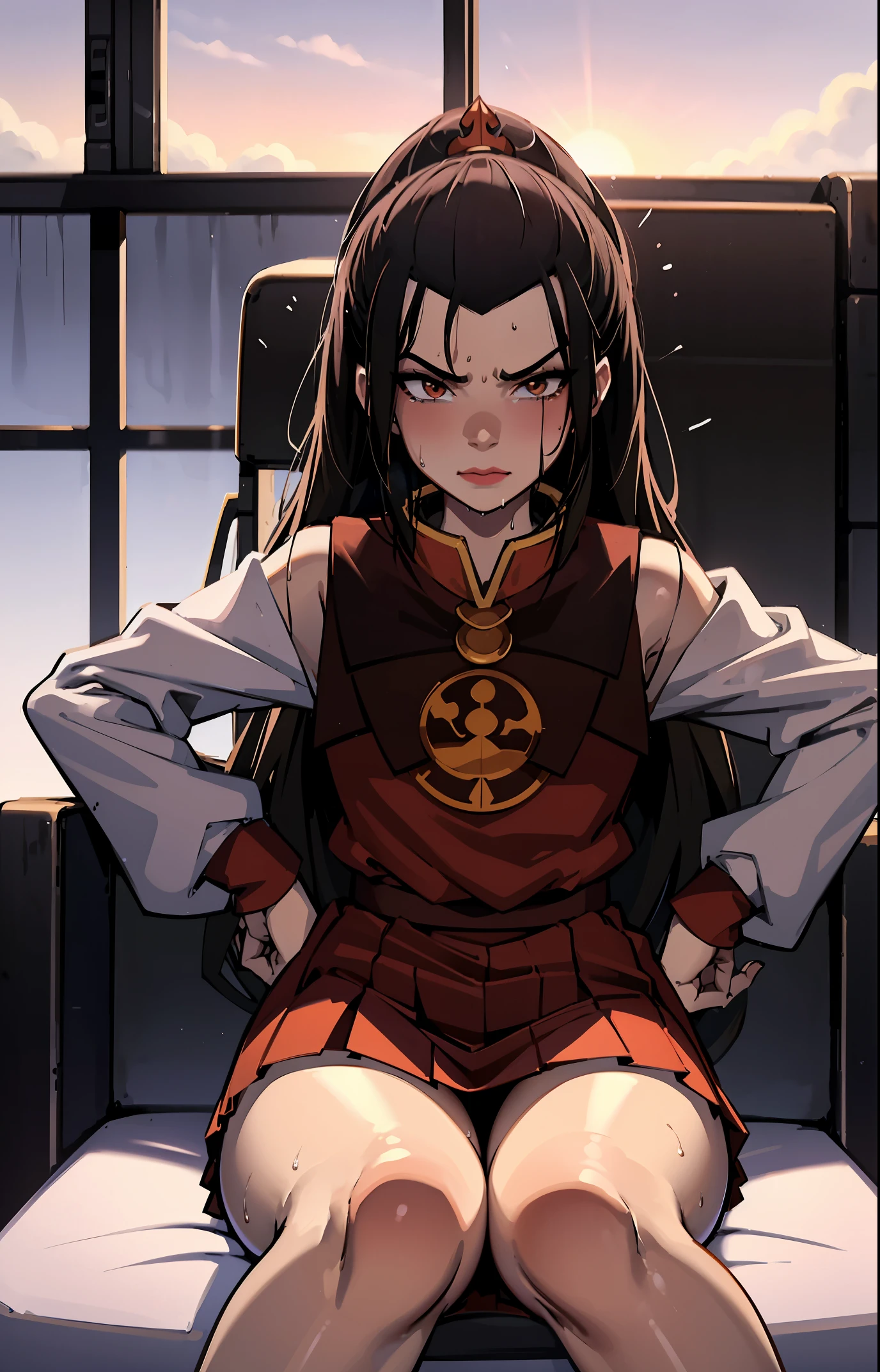 tmasterpiece, beste-Qualit, 独奏, 1girl, Azula, closed mouth, smirk, makeup, décolleté, (white  shirt, mini skirt, panty), Sits, armchair, pomade, looks at the viewer, Teaching, Erotica, gyaru, Schoolgirl girl, Daddy's Life, Highly Detailed Beautiful Face and Eyes, Beautiful skin, Wet, blushful, Sun light, Average Breasts, thights, широкие thights, Атлетические thights, trembling, heavy breathing, view from bottom, Focus on the legs,