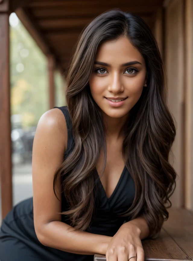 Full body, Beauty standing in a restaurant, outdoors, posing for a picture, 1 girl, a 27-year-old Indian woman, absolute beauty, long hair, wearing a fashion dress, black color dress, in different posing styles, looking at the camera, ultra-realistic, hyper-realistic, ultra-detailed, hyper-detailed, 35mm F/28, hyper-detailed full body shot of a woman, nice face, smile, , aesthetic body, hot navel, rich colors, face focused, 8K, HD Crisp Upscale, realistic lying， RAW photography， best quality： 1.4, No dark background , Beautiful details eye, cleavage , thick thighs, nice hips, long hair, High-detailed, perfectly located eyes, perfect eyes, photographed on a Canon EOS R5, 50mm lens, F/2.8, HDR, (cinematic lighting), (dramatic lighting), (sharp focus), (intricate), fashion, realistic skin texture, (( perfect anatomy)), ((detailed face:1.2)), ((detailed facial featureinely detailed skin), masterpiece), (perfect proportion), (realistic photo), (best quality: 1.6), (detailed),