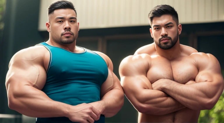 (Very detailed 8k wallpaper), two asian men, muscle worship, arms folded, On the playground, high detailing, buzzcut, very large and strong body, bulging muscles, well-muscled, very large pectoral muscles. Very sexy abs, legs are well-muscledの, Toned figure, lightens oily skin, well-muscledの, Tank top, T-shirt, longshot, Wide Shot