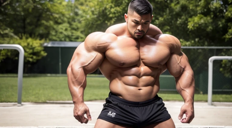 (Very detailed 8k wallpaper), two asian men, muscle worship, arms folded, On the playground, high detailing, buzzcut, very large and strong body, bulging muscles, well-muscled, very large pectoral muscles. Very sexy abs, legs are well-muscledの, Toned figure, lightens oily skin, well-muscledの, Tank top, T-shirt, longshot, Wide Shot