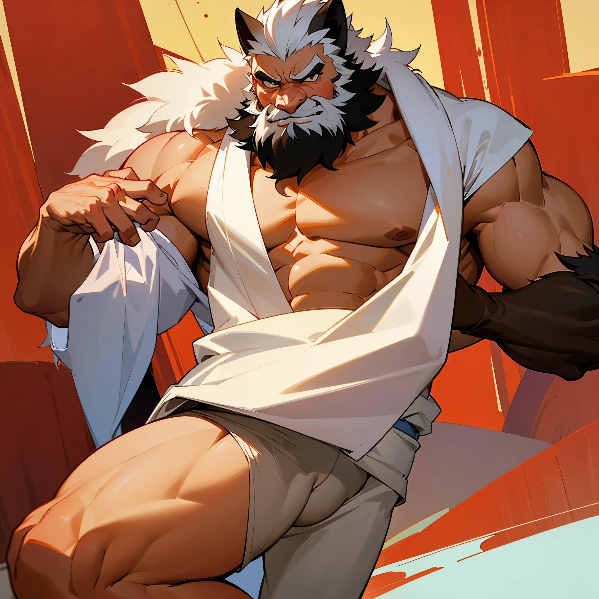 Pixar, dad, big pecs, big arms, belly, shirtless, in white boxer briefs, big legs, age 60, white hair, furry chest, bearded, horny, with open kimono robe,