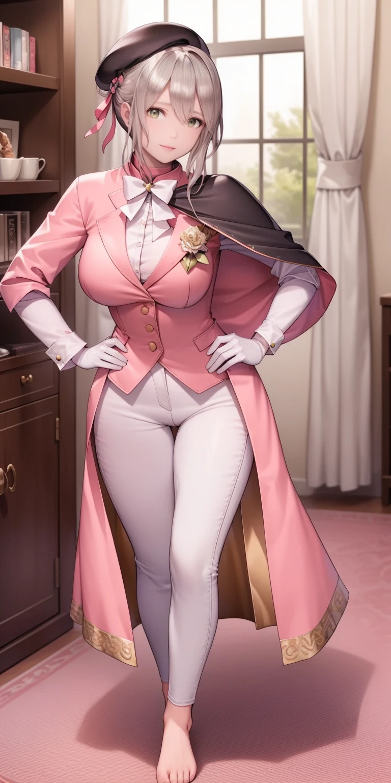 masterpiece, best quality, full body, barefoot, solo, female, big breast, feforrest, beret, pink capelet, pink tunic, white pants, brown gloves, upper body, looking at viewer, shy, from above, mansion, room, finely decorated room, pink theme, big breast but cover, hands to hip