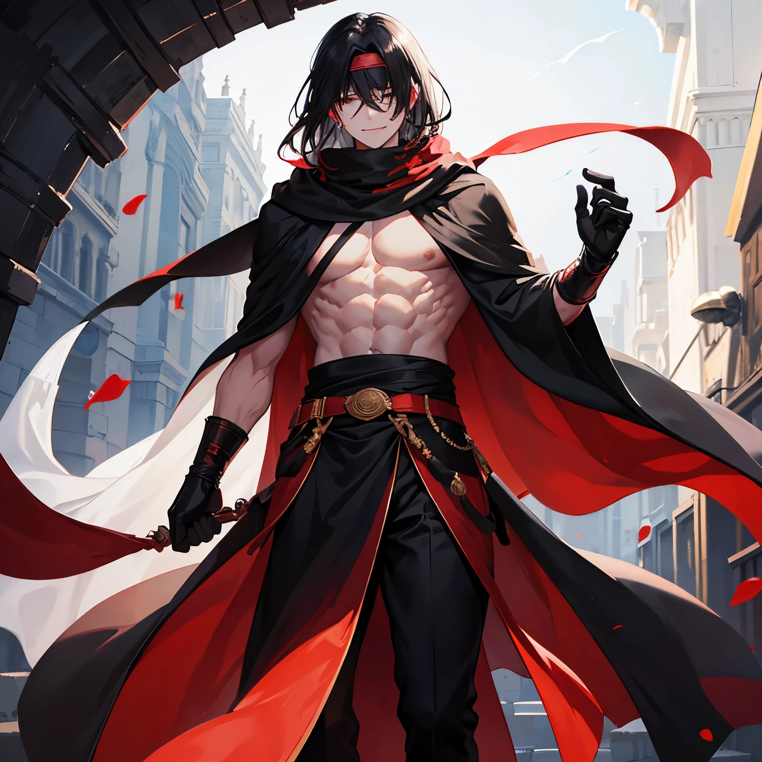 Fair Skin, Black Blindfold, Medium Hair Length, White Hair, Pure Black and Red Islamic Warrior Outfit, Bright Smile, with neck scarf, Male, Robe with Old Cape. Abs out, Shirtless