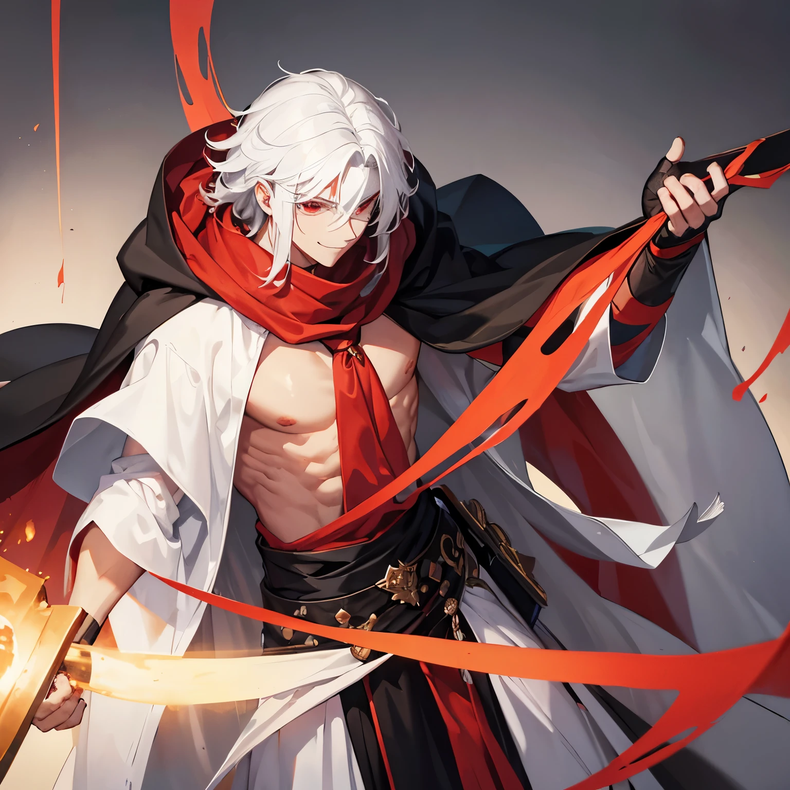 Fair Skin, Black Blindfold, Medium Hair Length, White Hair, Pure Black and Red Islamic Warrior Outfit, Bright Smile, with neck scarf, Male, Robe with Old Cape. Abs out, Shirtless