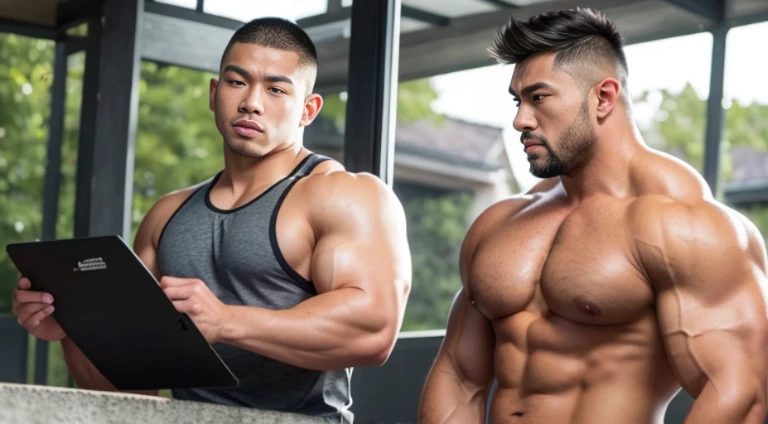 (Very detailed 8k wallpaper), two asian men, muscle worship, arms folded, On the playground, high detailing, buzzcut, very large and strong body, bulging muscles, well-muscled, very large pectoral muscles. Very sexy abs, legs are well-muscledの, Toned figure, lightens oily skin, well-muscledの, Tank top, T-shirt, longshot, Wide Shot