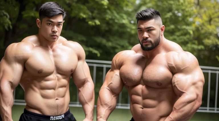 (Very detailed 8k wallpaper), two asian men, muscle worship, arms folded, On the playground, high detailing, buzzcut, very large and strong body, bulging muscles, well-muscled, very large pectoral muscles. Very sexy abs, legs are well-muscledの, Toned figure, lightens oily skin, well-muscledの, Tank top, T-shirt, longshot, Wide Shot