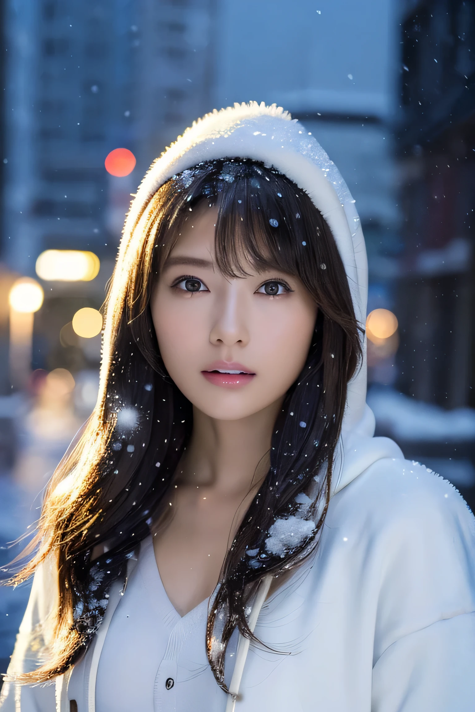 (masutepiece:1.2), ultra-detailliert, 超A high resolution, (Realistic, photo Realistic:1.37), high-definition RAW color photography, professional photograpy, extra detailed face, extremely detailed eye, highlydetailed skin, extremely detailed fingers, highly detailed nose, highly detail mouth, Perfect Anatomy, Highly detailed Japanese background actress:1.2), (gals:1.3), (flat chest), Brown race, Dark skin, Very short cut hair, shadowy, hair messy, Full body, padded jacket, White hoodie, during night, dark street view, snow in my hair, (Snow in the sky:1.6), Background in the city, Hoodie on the head, Cinematic lighting,