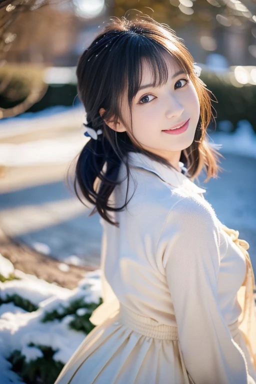 (((masterpiece))), (((Full body photo))), (One beautiful Japan girl, Innocence,kawaii) ,超A high resolution, Realistic, ultra-detailliert, 8K,top-quality, Extremely detailed, Detailed background,A slender,very beautiful japanese girl, Detailed face:1.3), (short-haired,I tie my hair short and put it up..,Cute Hair Ornament,A dark-haired :1.4), (a baby face,kawaii系,adorable 10 year old girl), (Perfect body:1.1), ask for a smile,Show your beautiful teeth,Looking back、sexy pose,rosy cheeks,Super Detailed Face、Detailed lips、A detailed eye、small gravure idol,Transparent skin、Lolita,japanese hight school uniform,Shade,Under a big tree,Photorealistic:1.37,no-makeup,Neutral Lighting,((posterior view))、Looking up from the ground,Winters, Snow, Snowy landscape, beautiful girl in a down coat, Detailed eyes, Detailed lips, long eyelashes, Mini Pleated Skirt, snowscape, Soft lighting, cosy atmosphere, Medium: Oil Painting, New snow, Wintersのワンダーランド, Cool color tones, Delicate brush strokes, Snowy trees, Frosty breath, serene expressions, natural beauty, Yuki, Snowy ground, Wintersのファッション, Stylish outfit, Snow boots, rosy cheeks, Wintersの楽しみ, peaceful ambiance, ethereal beauty, 魔法のようなWintersの景色, Wintersのファッショニスタ, Whimsical charm