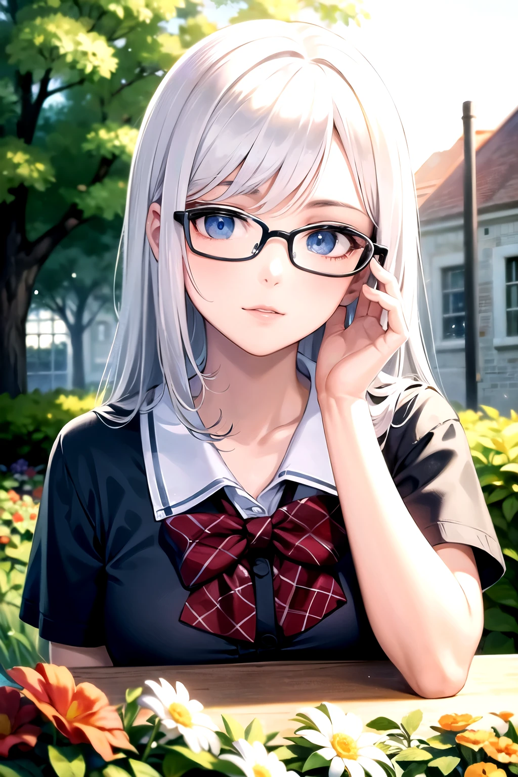 ((best quality)), ((masterpiece)), (detailed), perfect face, white hair, glasses, blue eye, school uniform, blue shirt, school building, out door, garden