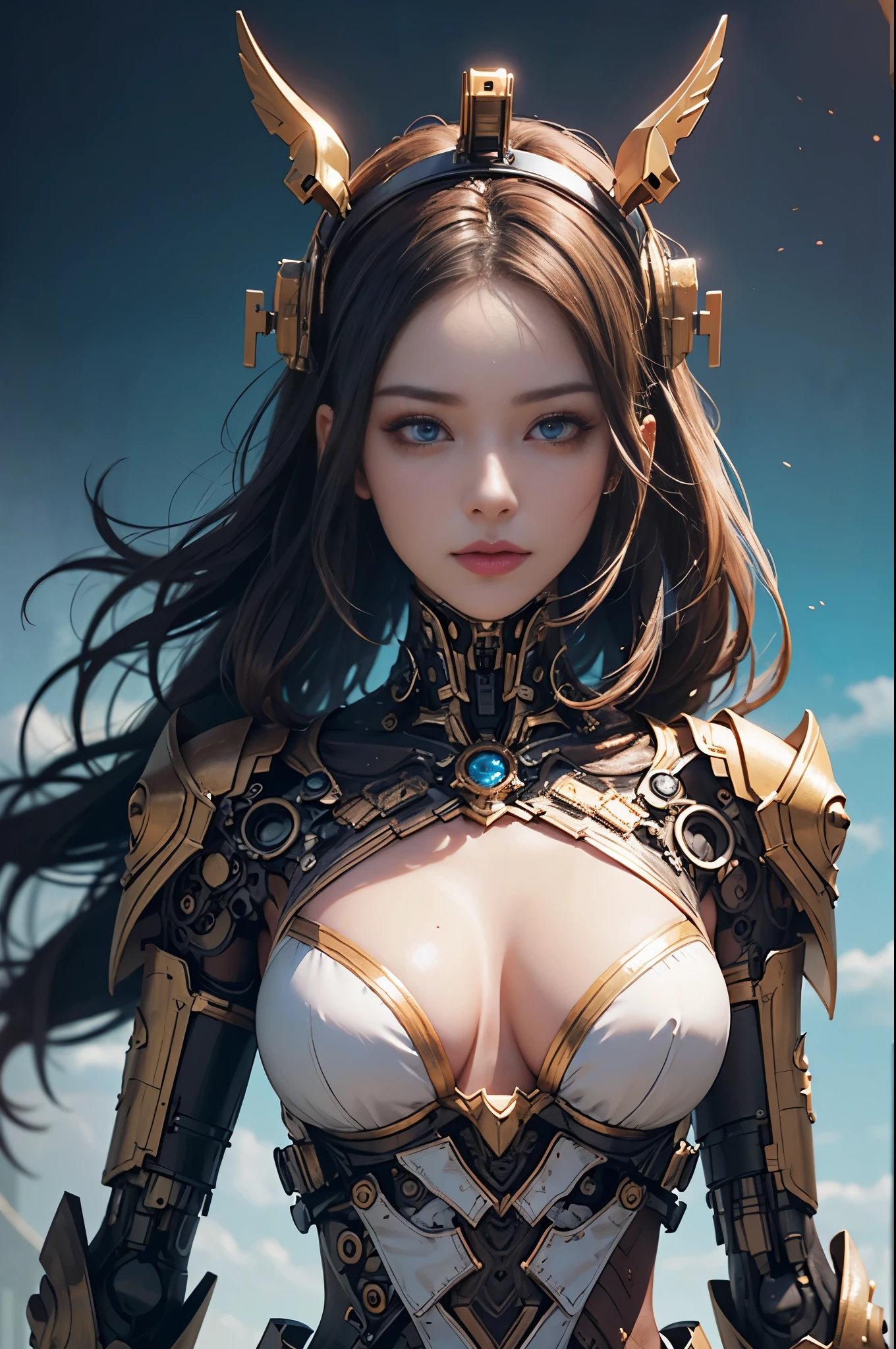 intricate ornate anime cgi style, super detailed fantasy characters, 4K highly detailed digital art, karol bak uhd, cyborg goddess in cosmos, beautiful digital works of art, 2. 5 d cgi anime fantasy artwork, Goddess. extremely high detail, portrait of cyborg queen, extremely detailed goddess shot, Half body machine, Inorganic, Next generation high performance cyborg, Goddess of Machines, The perfect cyborg, ultimate replicant, A masterpiece created by ultra-high performance AI, Final weapon, Best Quality, Perfect Angle, perfect-composition, sharp outline, Best Shots, perfect shapes, perfect model style, Very beautiful and detailed eyes, Hollow eyes, blue eyes without pupils