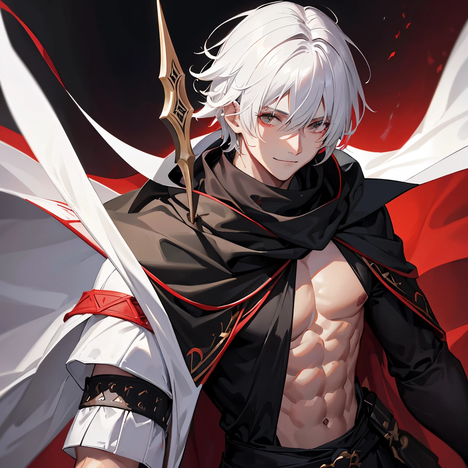 (absurdres, highres, ultra detailed), masterpiece, best quality, solo, a boy with white long hair holding a dual-swords, red and white robe, handsome, finely eye, detailed eye, vibrant red eyes, detailed face, black scarf, bare chest, carry two swords, dual-swords, a swords surround by flame, tattoo, from below, look down, ruined city, dark background, swirl, spark