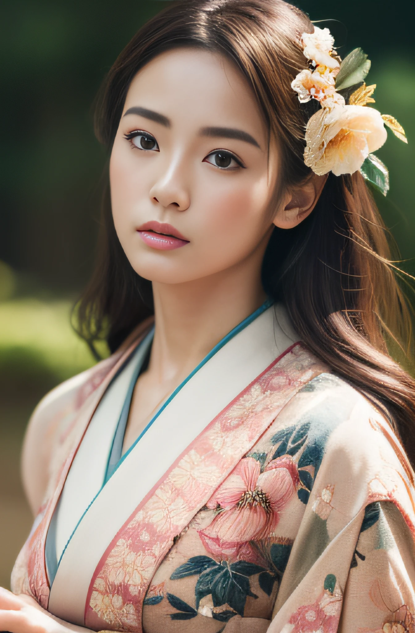 (masutepiece:1.2), ultra-detailliert, 超A high resolution, (Realistic, photographrealistic:1.37), high-definition RAW color photography, professional photograpy, extremely delicate and beautiful, Extremely detailed, 8K Wallpaper, amazing, finely detail, Huge file size, highly detailed beautiful girl, extra detailed face, extremely detailed eye, highlydetailed skin, extremely detailed fingers, highly detailed nose, highly detail mouth, Perfect Anatomy, Highly detailed background, (a famous actress of Japan:1.2), Brown hair, Tanned skin, (gals:1.3), Cinematic lighting, (Full body:1.3), (Floral kimono:1.3),