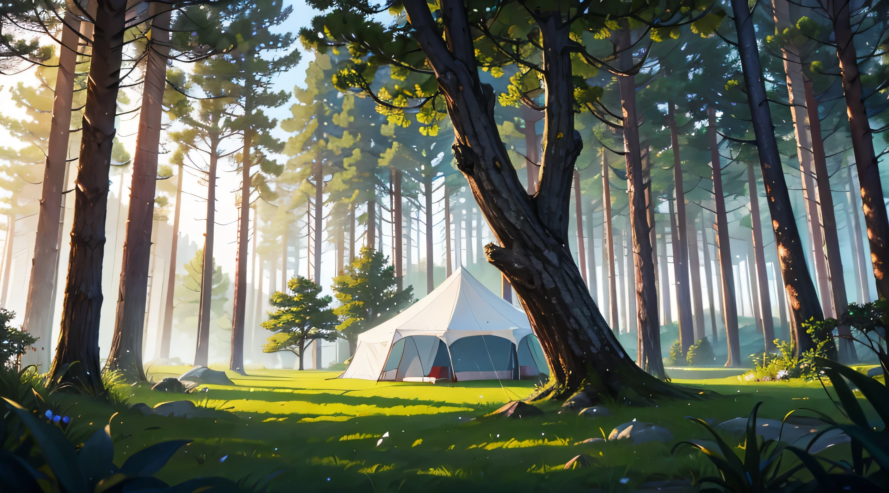 forest with a small white tent in background