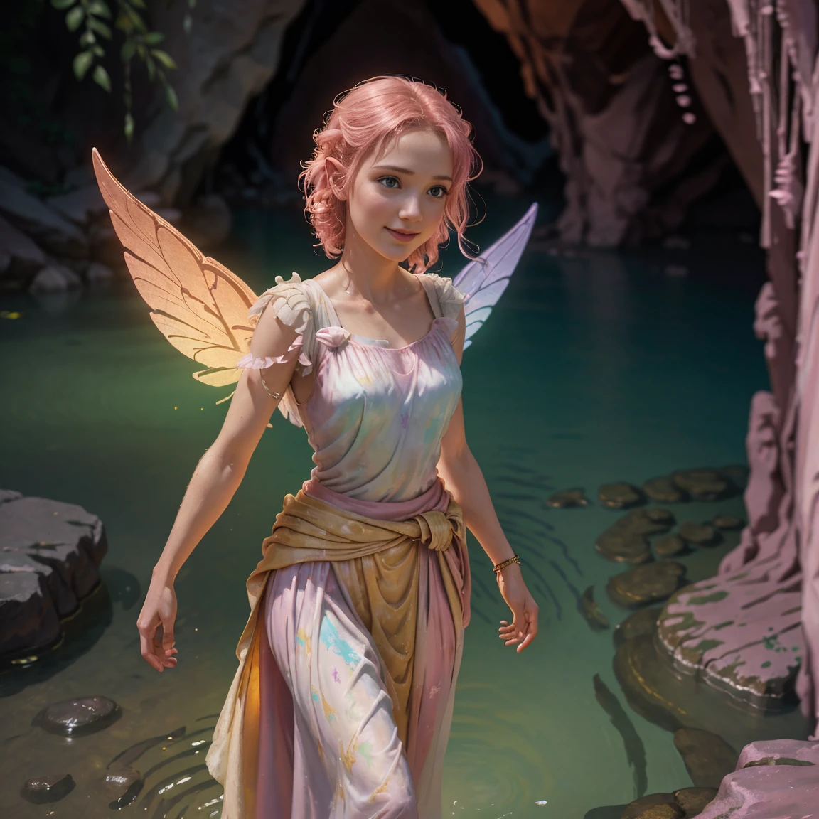 beautiful ethereal woman rising from pool of glowing (pink water:1.07) in a (cave:1.05, (rainbows:1.1) on the walls, woman with rainbow crystal (fairy:1.1) wings, smiling, clasped hands, natural clothing, (sfw:1.5), soft focus, pink hair, pale pink skin, wearing Roman draped toga (dress:1.05),
90s photography,
moody lighting, (8k uhd, film grain, hdr, raytracing), (professionally color graded), (cinematic look)
(realistic ground level shot), (FOV 120 degrees), dreamy, digital painting, oil paintinagical), mystical