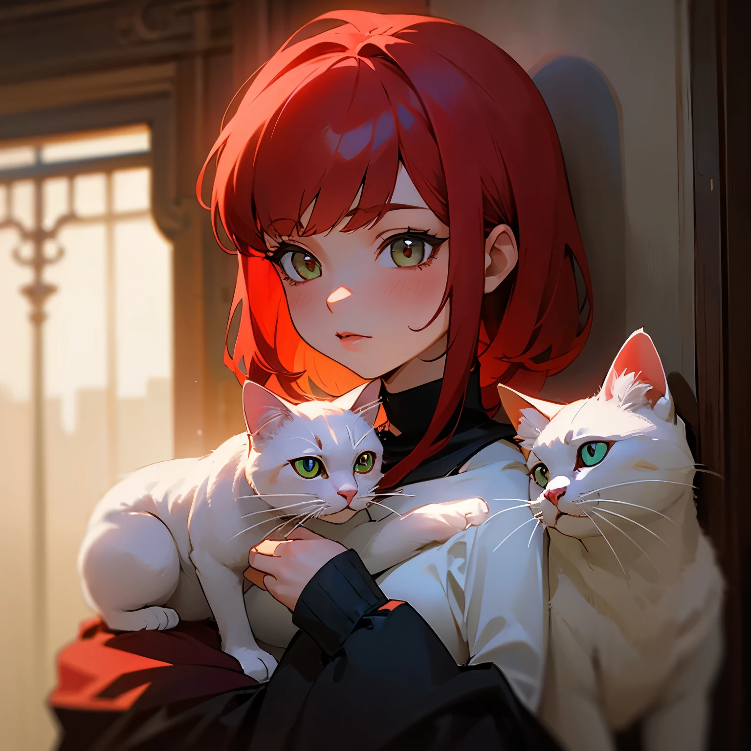 Girl with red hair and white cat