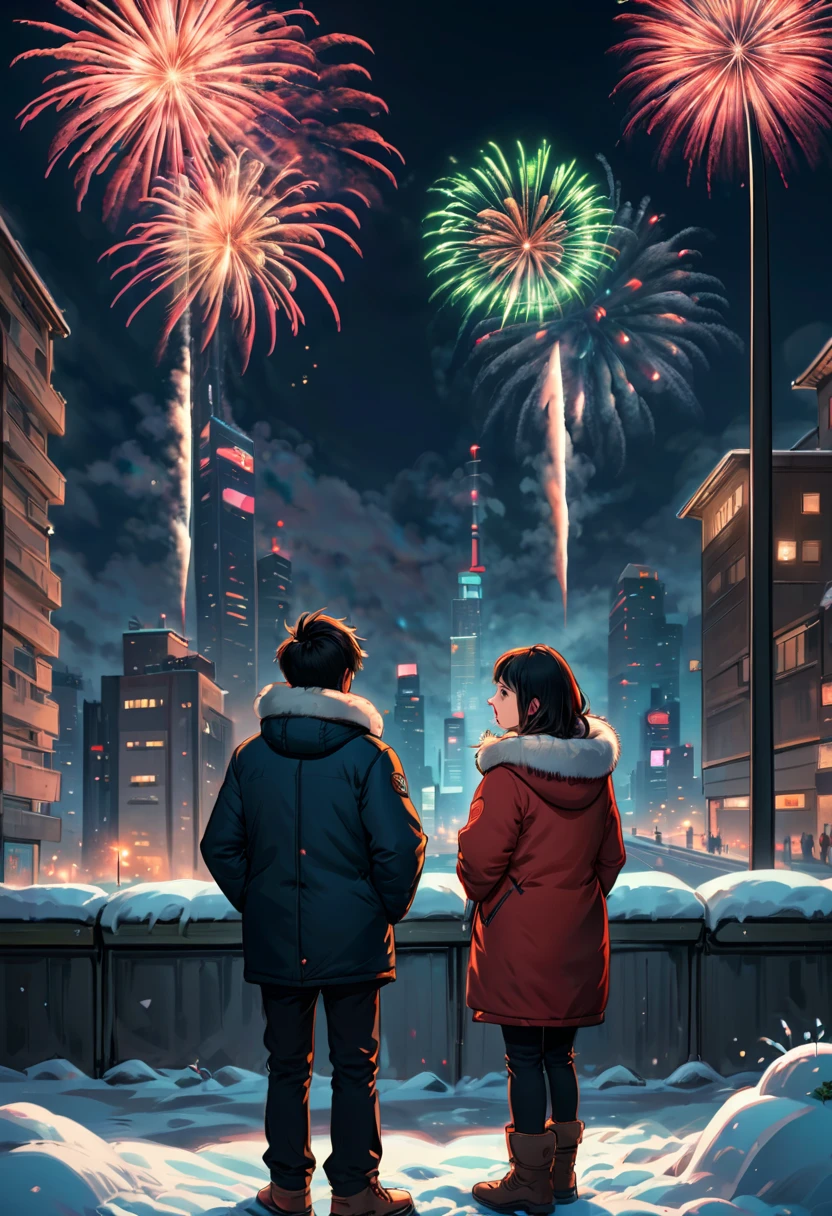 at winter season,(A cute couple, wearing down jackets, cuddling together, standing behind the wall, with their backs to the audience),Watch fireworks in the night sky, The night sky is filled with fireworks, (skyscrapper,City night view in the background, Fireworks in the background), illustratio, Warm and joyful atmosphere, illustration, New Year’s Day, 下雪的at winter season新年夜, 可爱illustratio, background artwork, 风格化数字illustratio,(first-person view, pov, Ghibli-like colours, UHD, masterpiece, ccurate, anatomically correct, textured skin, super detail, high details, high quality, best quality, 8k)