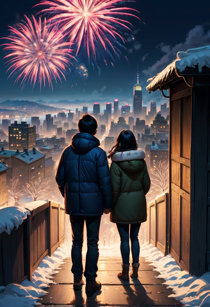at winter season,(A cute couple, wearing down jackets, cuddling together, standing behind the wall, with their backs to the audience),Watch fireworks in the night sky, The night sky is filled with fireworks, (skyscrapper,City night view in the background, Fireworks in the background), illustratio, Warm and joyful atmosphere, illustration, New Year’s Day, 下雪的at winter season新年夜, 可爱illustratio, background artwork, 风格化数字illustratio,(first-person view, pov, Ghibli-like colours, UHD, masterpiece, ccurate, anatomically correct, textured skin, super detail, high details, high quality, best quality, 8k)
