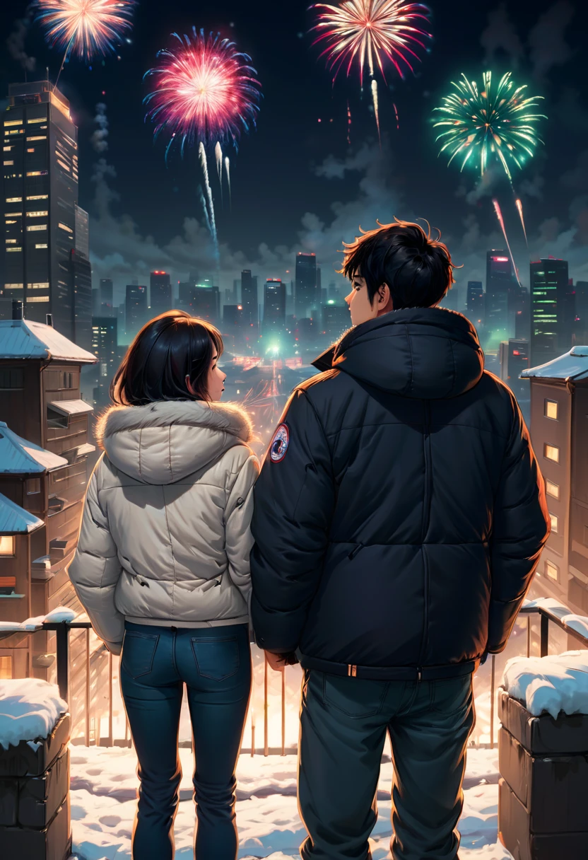 at winter season，(A cute couple, wearing down jackets, cuddling together, standing behind the wall, with their backs to the audience)，Watch fireworks in the night sky, The night sky is filled with fireworks, (skyscrapper，City night view in the background, Fireworks in the background), illustratio, Warm and joyful atmosphere, illustration, New Year’s Day, 下雪的at winter season新年夜, 可爱illustratio, background artwork, 风格化数字illustratio，(first-person view, pov, Ghibli-like colours, UHD, masterpiece, ccurate, anatomically correct, textured skin, super detail, high details, high quality, best quality, 8k)